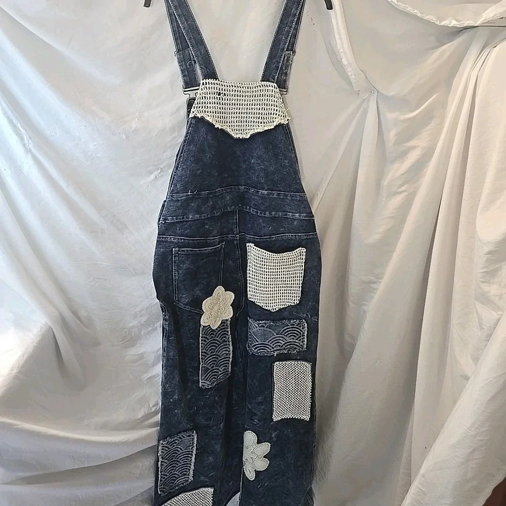 POL Denim Dark Wash Overalls Wide Leg Crochet Patchwork Size S NWT Boho - Picture 9 of 16